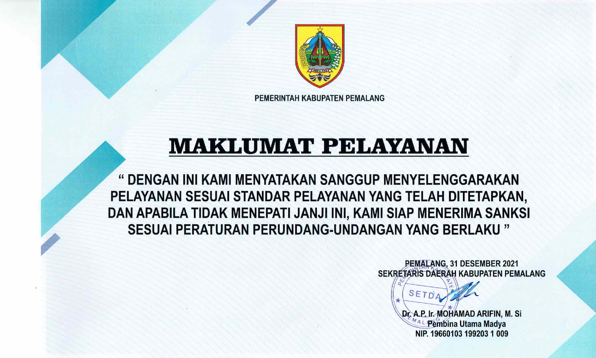 Maklumat Pelayanan Bagian Perekonomian SDA Setda Kabupaten Pemalang
